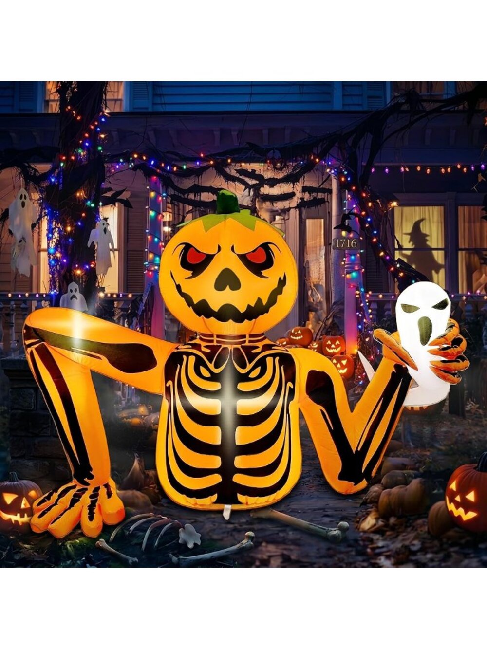 🎃6FT Halloween Inflatables Pumpkin Skeleton Holding Ghost Blow Ups Outdoor Deco